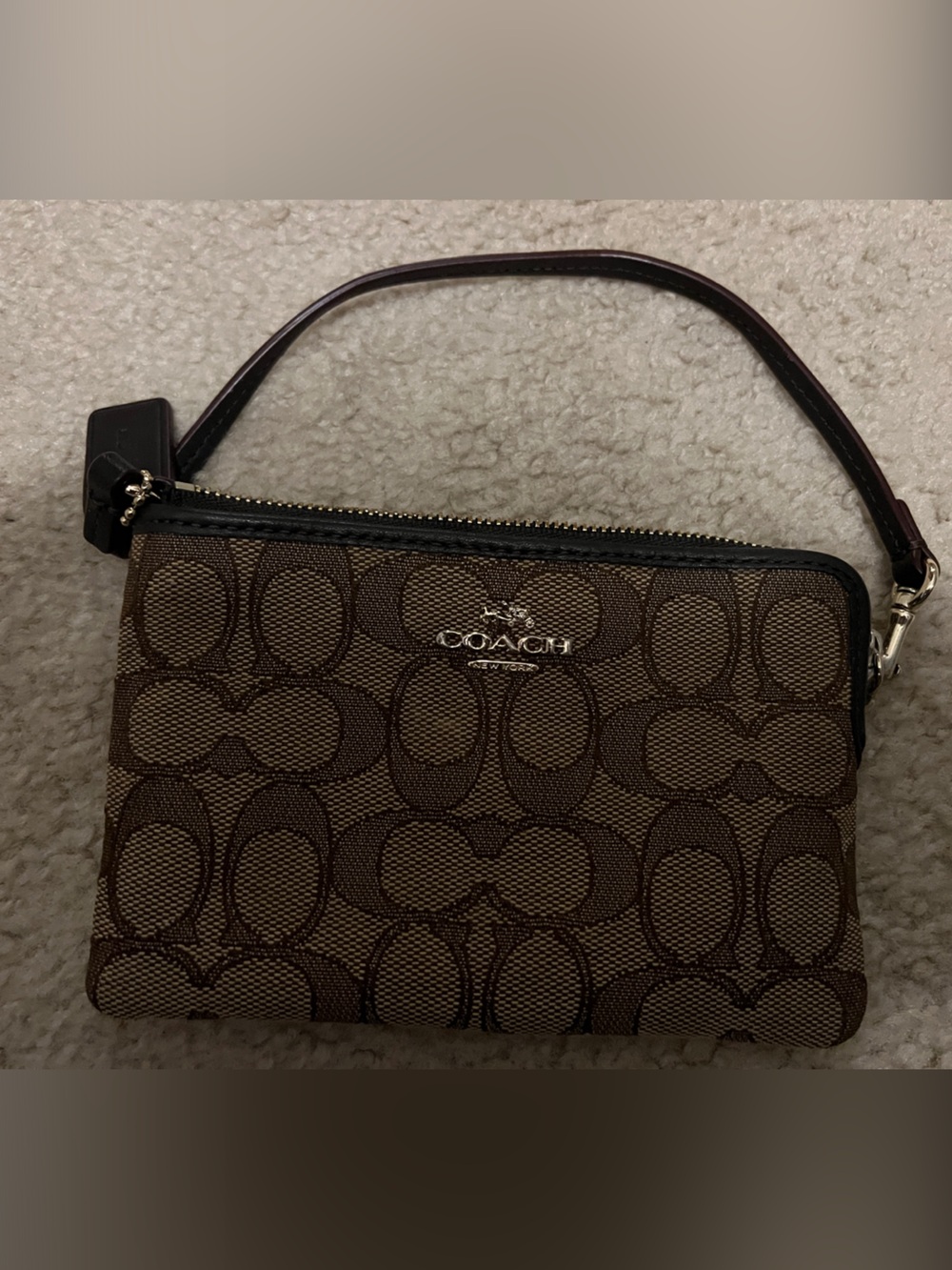 Coach Brown Signature Canvas Wristlet with Dark Trim